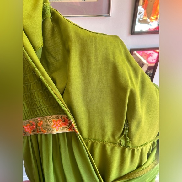 1970s Chartreuse Chiffon Victorian Medieval Revival Maxi Dress Gown - Picture 7 of 9